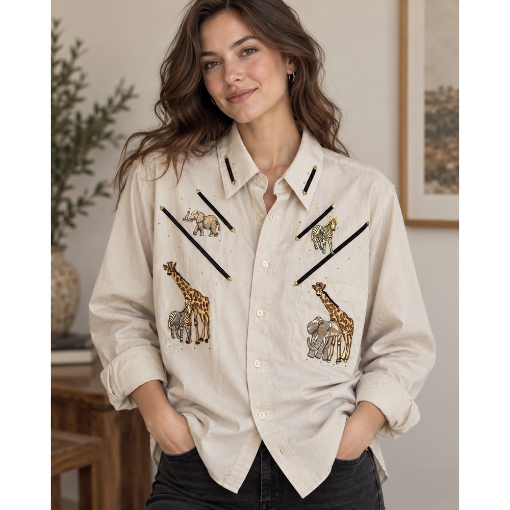 Las Olas Button Down Shirt Womens XL Tan Embroidered Safari Animal Western Core